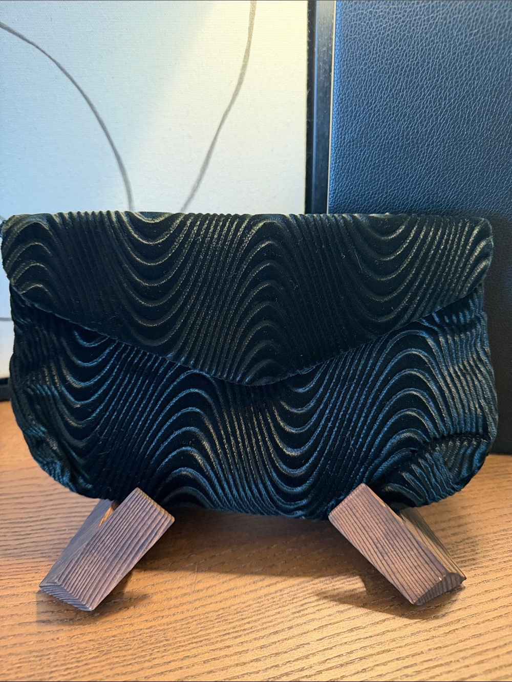 Elegant Black Velvet Wave-Texture Clutch